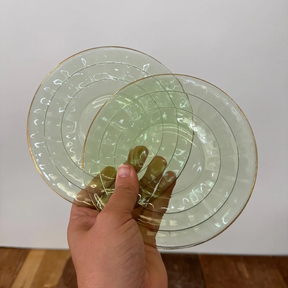 Set of 6 Vaseline Uranium Vintage Glass Saucers Gold Rimmed Dessert Small Plates